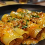 Canelone de ricota e espinafre com molho branco em um prato.