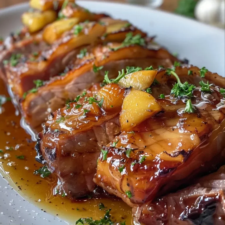 Sabor Tropical: Desperte o Chef que Existe em Você com Cerdo al Horno Lombo de porco assado com glaseado de mel e pedaços de abacaxi.
