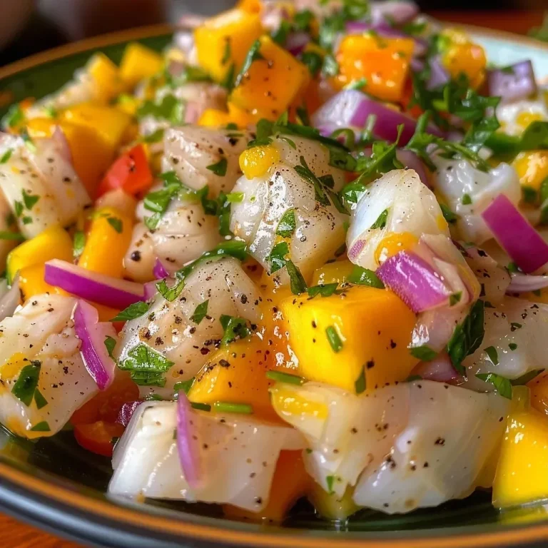 Refresque Seu Verão com um Ceviche de Peixe e Manga Irresistível Ceviche de peixe e manga apresentado em um prato.