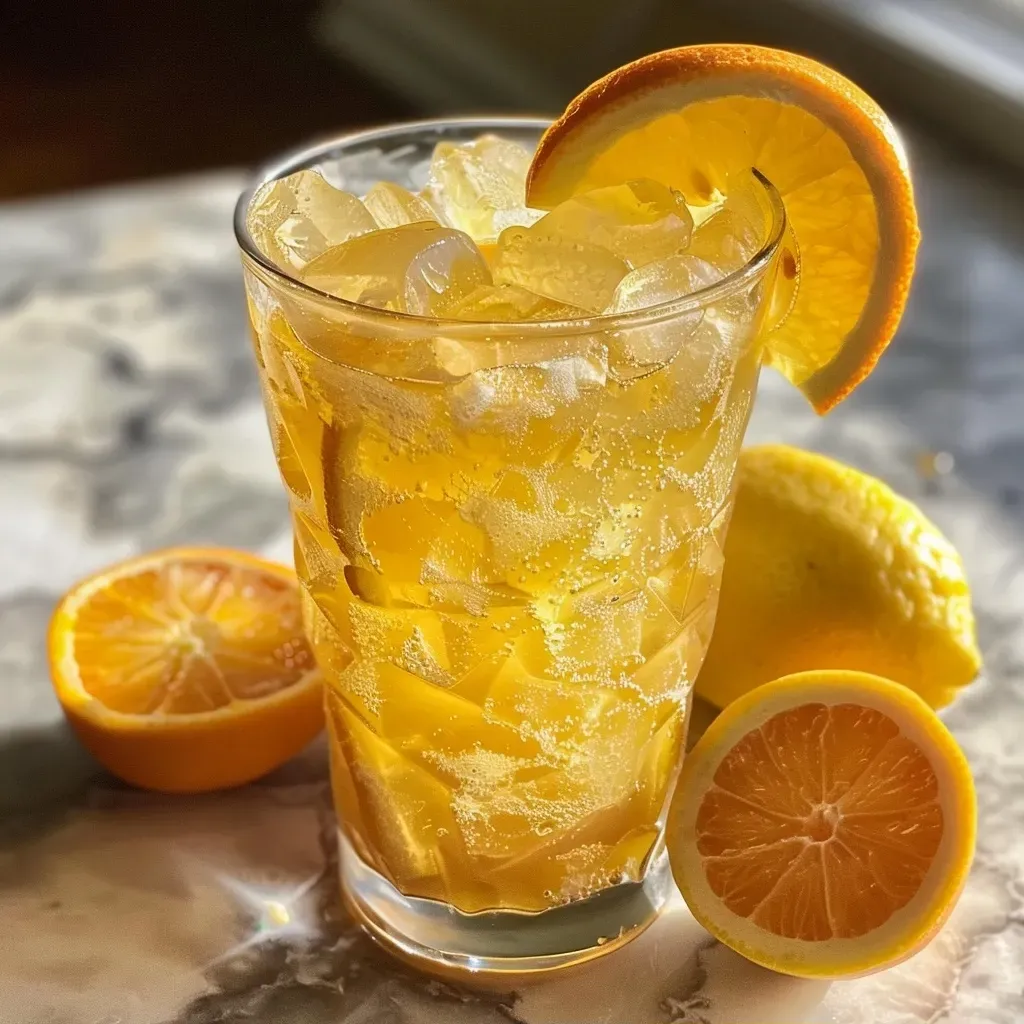 Chá gelado de laranja e limão com rodelas de frutas como decoração.