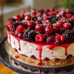 Cheesecake de frutas vermelhas em fatias, com camadas visíveis e frutas frescas por cima.