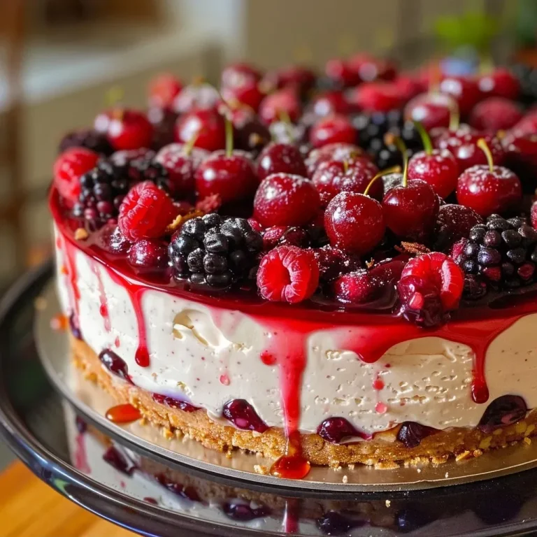 Delícias Frutadas: Aprenda a Fazer um Cheesecake de Frutas Vermelhas que Vai Encantar Cheesecake de frutas vermelhas em fatias, com camadas visíveis e frutas frescas por cima.