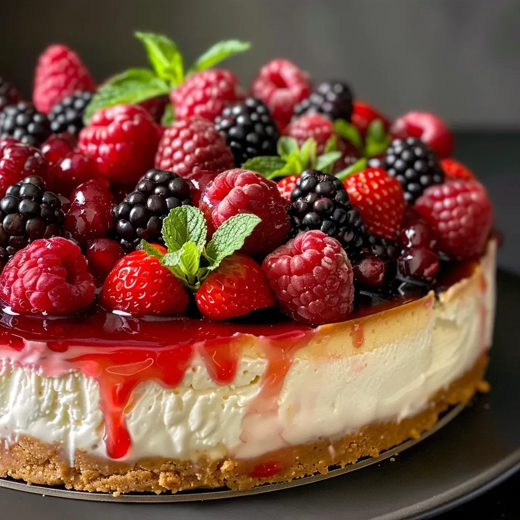 Close-up de cheesecake de frutas vermelhas, mostrando a textura cremosa e a cobertura de frutas.