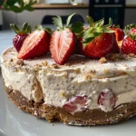 Cheesecake de morango proteico, com camada suave e morangos frescos.