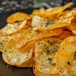 Chips crocantes de grão de bico dispostos em uma superfície.