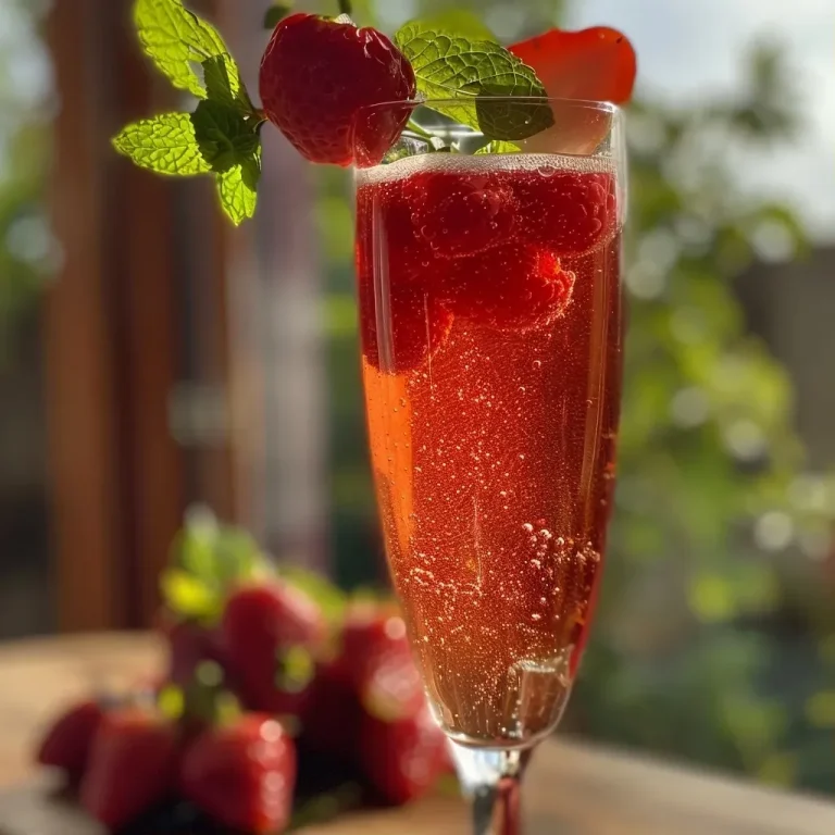 Copo de cóctel com frutas vermelhas e espumante.