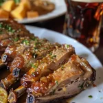 Costela bovina assada na cerveja com molho especial, vista lateral.