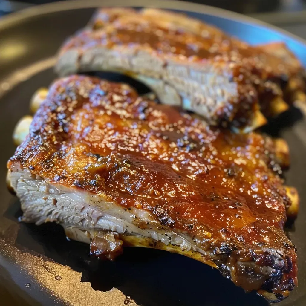 Vista lateral de costelas de churrasco na Air Fryer.