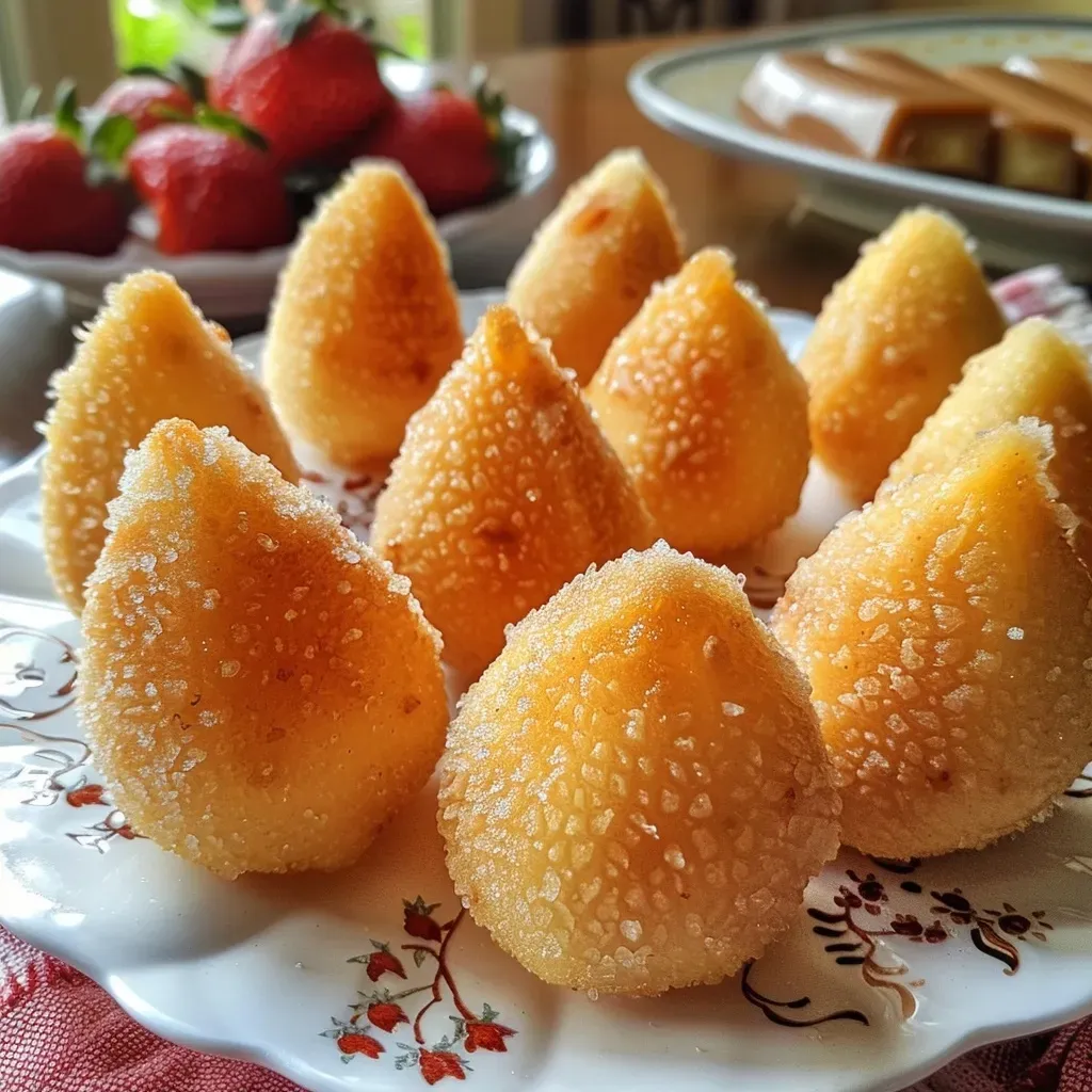 Close-up de coxinha recheada com morango e chocolate branco.