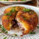 Croquete de carne assada dourado e suculento em close.