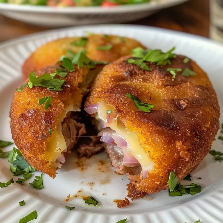 Croquete de carne assada dourado e suculento em close.