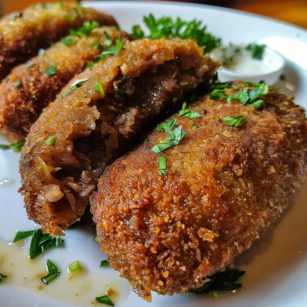 Close de um croquete de carne assada, mostrando sua crocância.