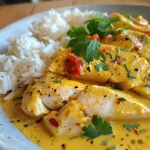 Curry de peixe com leite de coco em um prato fundo.