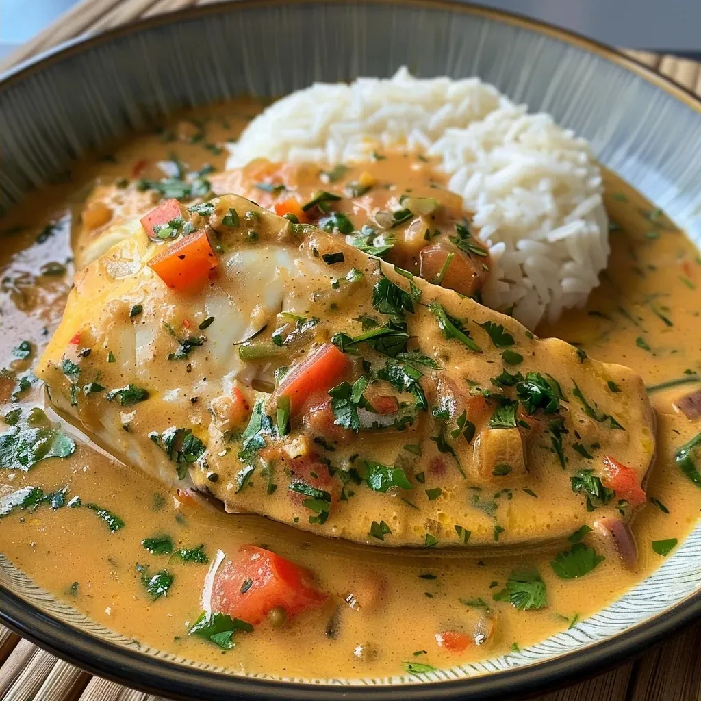 Prato de Curry de Poisson au Lait de Coco apresentado de lado.