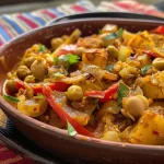 Cuscuz marroquino colorido com legumes assados em um prato.