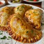 Empanadas de frango assadas, douradas e recheadas, vista lateral.