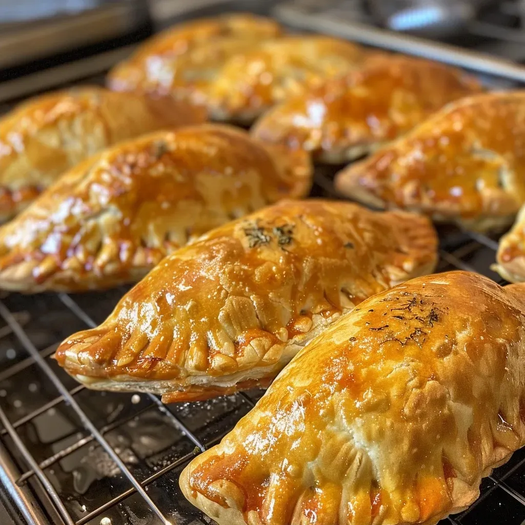 Close-up de empanadas de frango assadas, com recheio suculento visível.