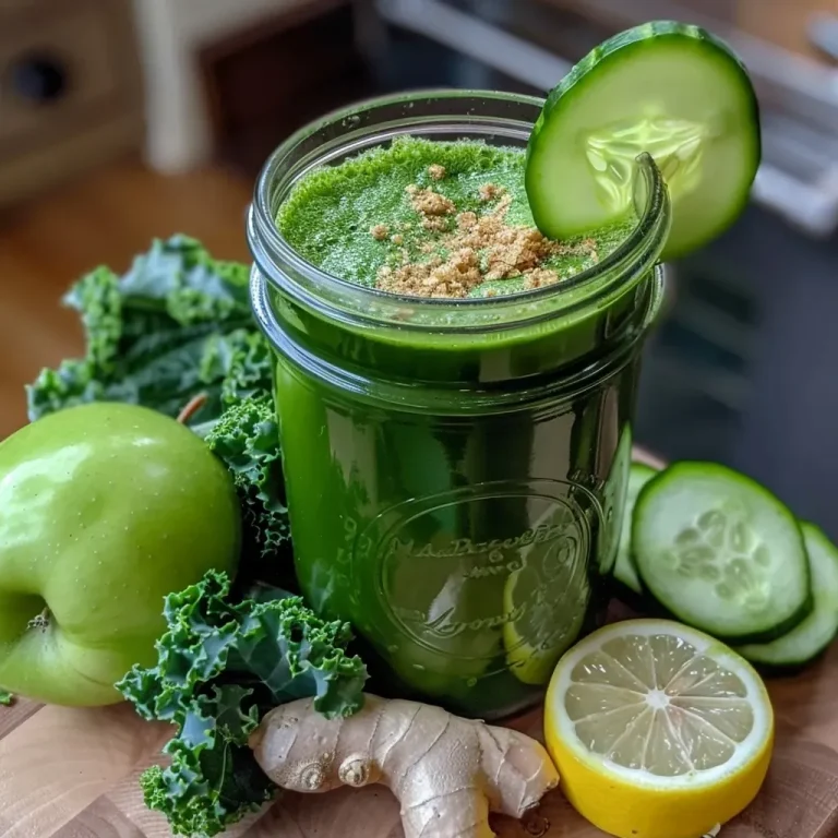 Revitalize Seu Dia com Este Energizador de Maçã Verde e Couve Suco verde em copo, com pedaços de maçã e couve.