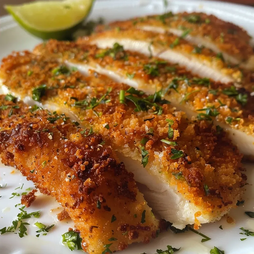 Prato de filé de frango à milanesa assado, com textura dourada.