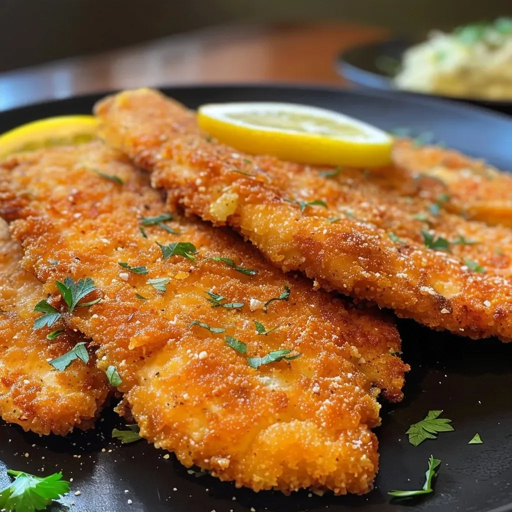 Prato de filé de frango à milanesa, suculento e crocante.