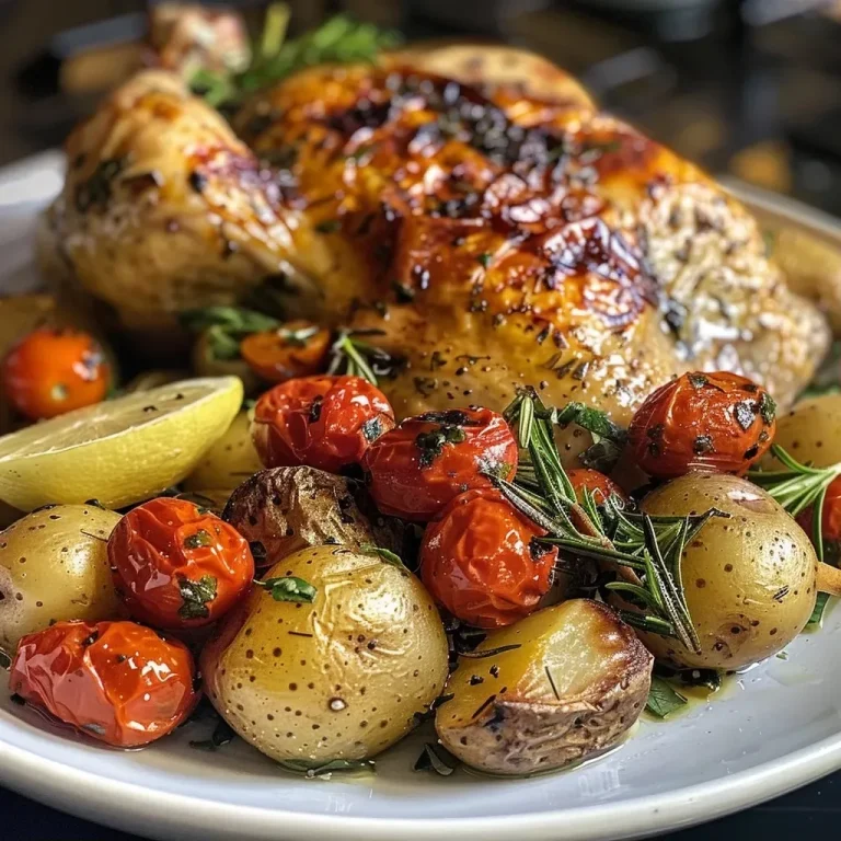 Frango Assado com Ervas: Um Banquete de Sabor e Cores! Frango assado com ervas, batatas douradas e tomates cereja.