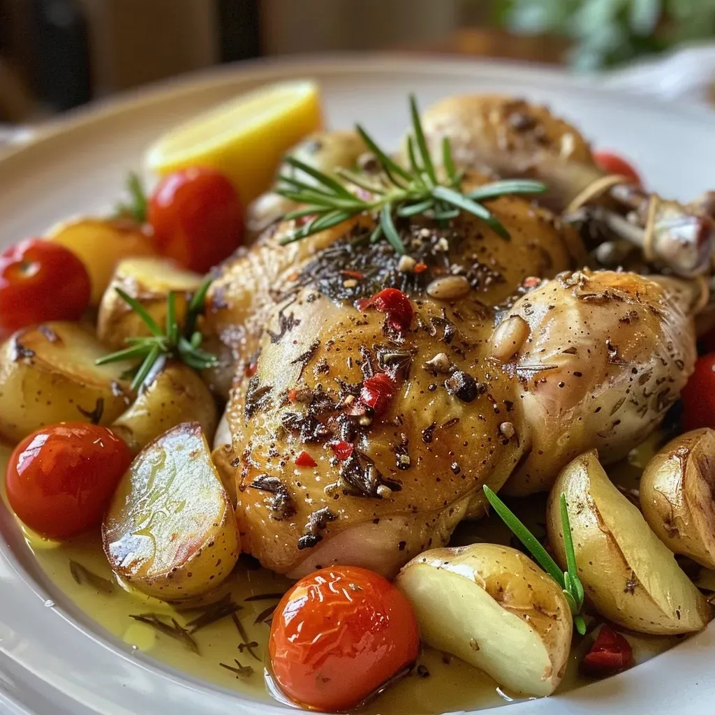 Prato de frango assado cercado por batatas e tomates.
