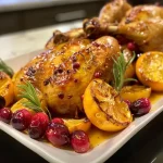 Frango assado com laranja e cranberry, crocante e suculento.