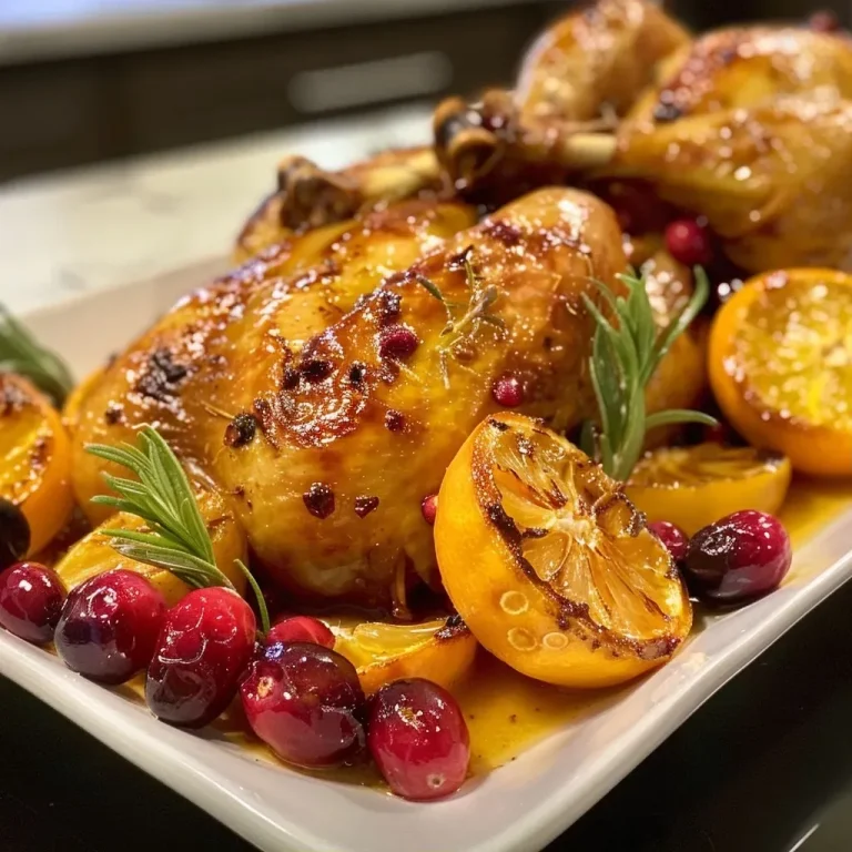 Frango assado com laranja e cranberry, crocante e suculento.