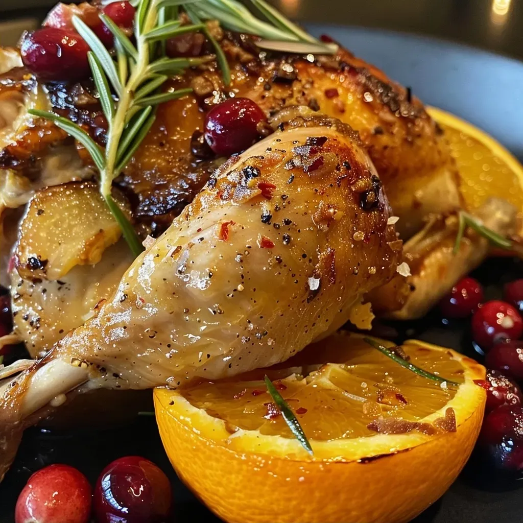 Close de um frango assado decorado com laranjas e cranberries.