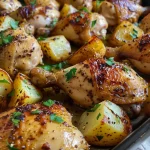 Frango assado com limão e batatas em uma travessa.