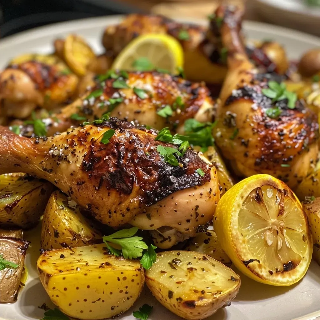 Close-up de coxas de frango assadas com batatas e limão.