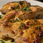 Frango assado dourado com batatas e alho em uma travessa.