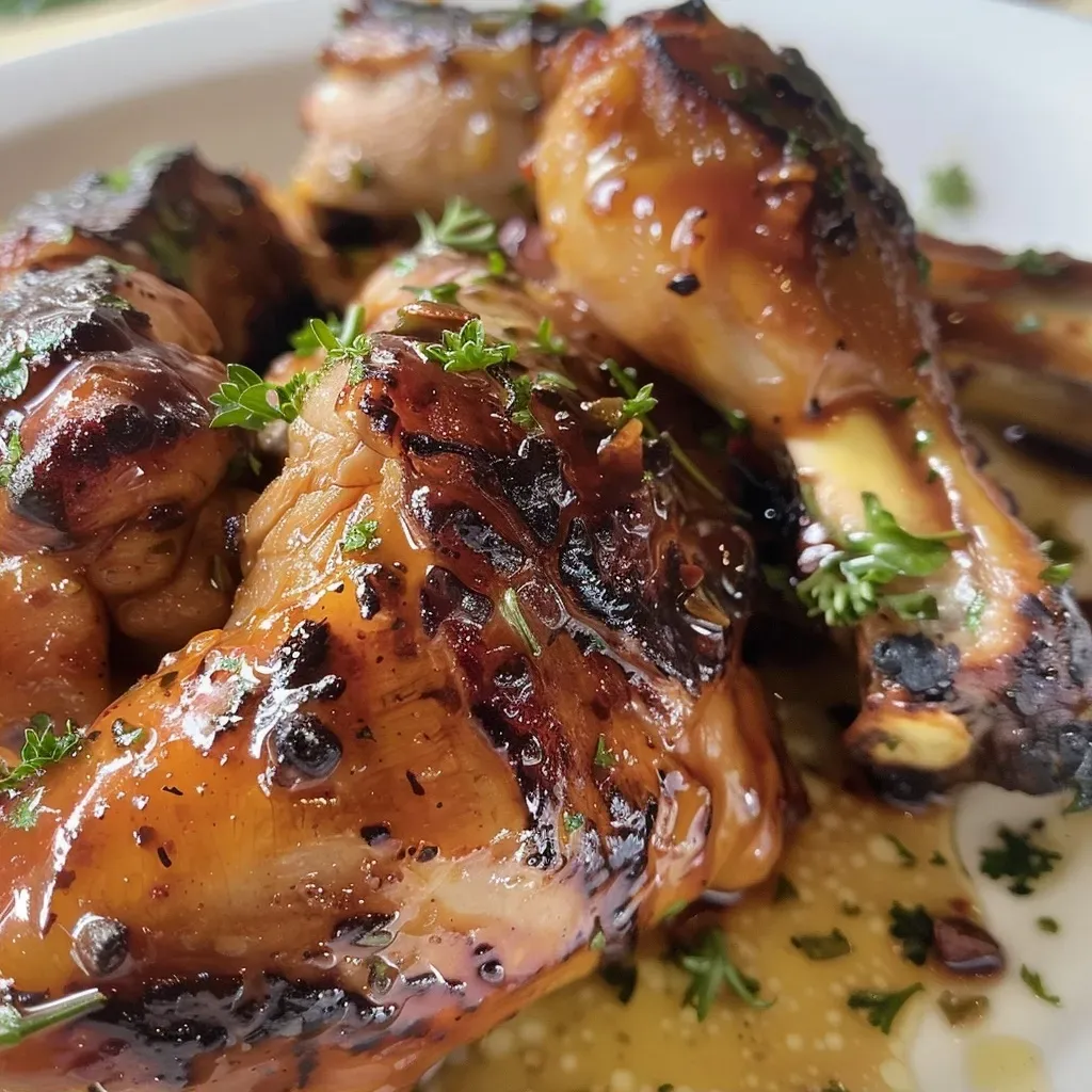 Close de sobrecoxas de frango assadas com batatas e cabeça de alho.