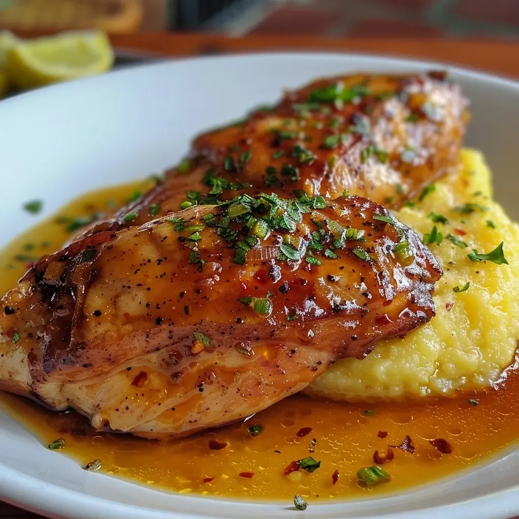 Close de frango com quiabo e polenta em uma mesa.