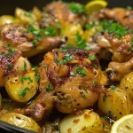 Frango limão grego com batatas douradas ao lado.