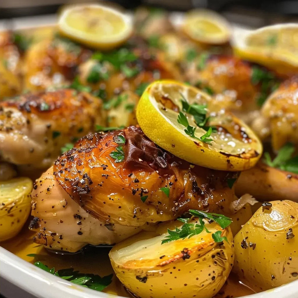 Close-up de frango grelhado com batatas e temperos.