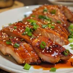 Peito de frango teriyaki suculento, coberto com molho brilhante.