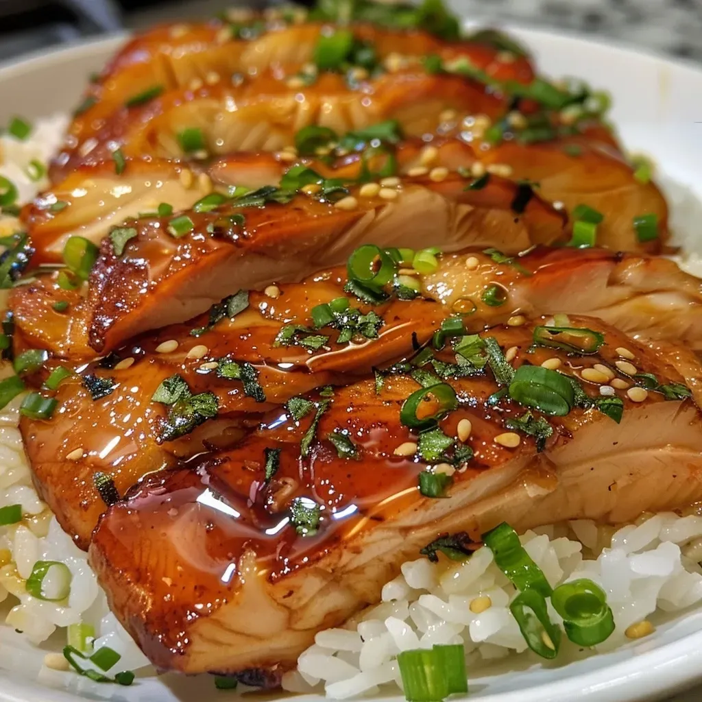 Prato de frango teriyaki com arroz e legumes, em close.