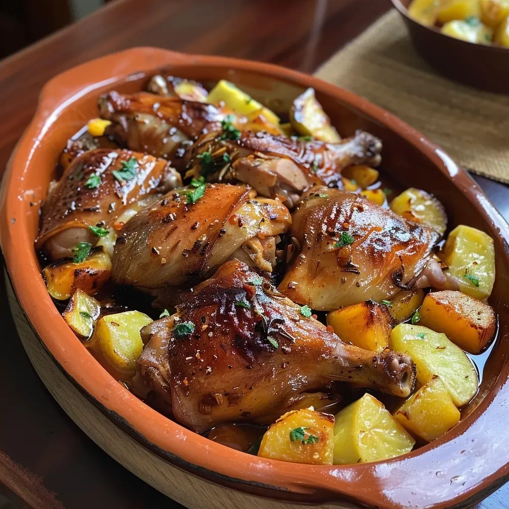 Prato de galinha caipira com quiabo, mostrando a suculência da carne.
