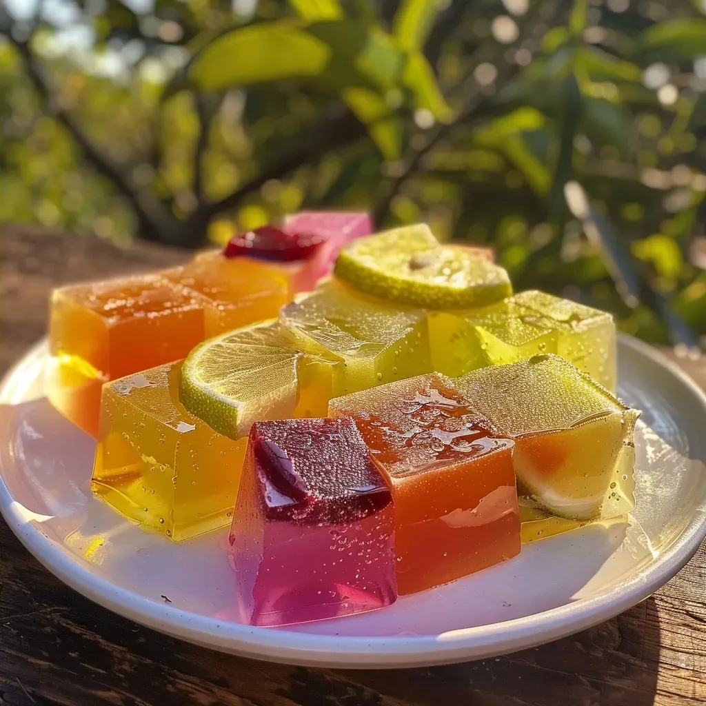 Close de gelatina colorida em copos, variando em tons vibrantes.
