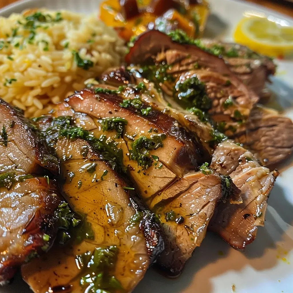 Prato de lombo dourado com fatias de abacaxi caramelizado.