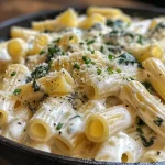 Prato de macarrão ao molho de espinafre com queijo.