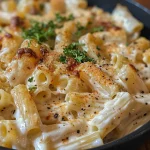 Prato de macarrão cremoso com frango e queijo.