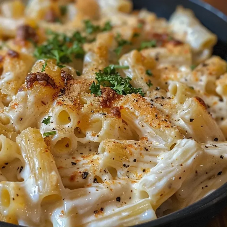 A Delícia que Une Sabor e Praticidade: Macarrão Cremoso de Frango e Queijo Prato de macarrão cremoso com frango e queijo.