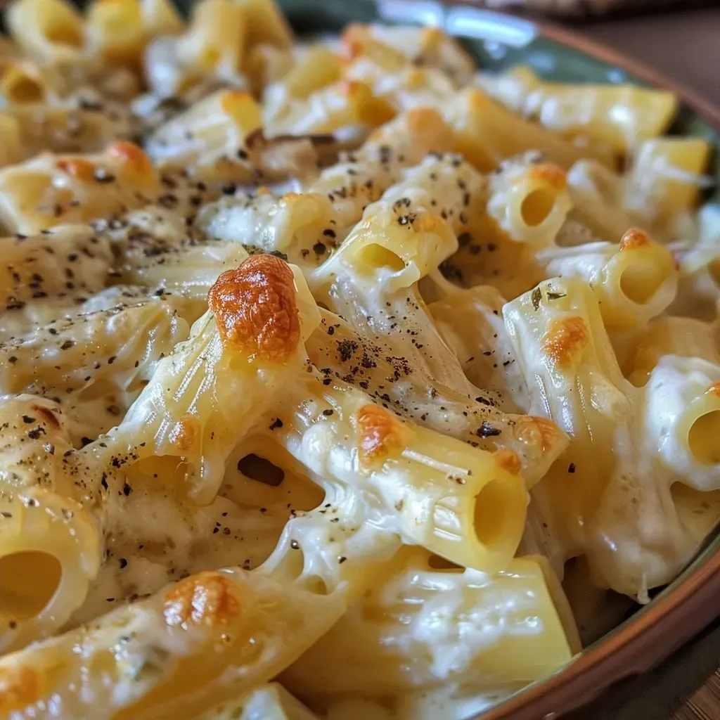 Close up de macarrão com frango, milho e queijo derretido.