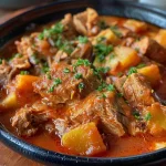 Prato de maminha suculenta cozida em cerveja preta, acompanhada de batatas salteadas.