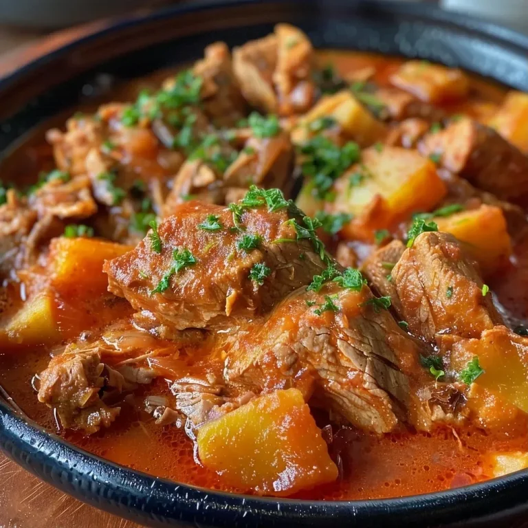 Prato de maminha suculenta cozida em cerveja preta, acompanhada de batatas salteadas.
