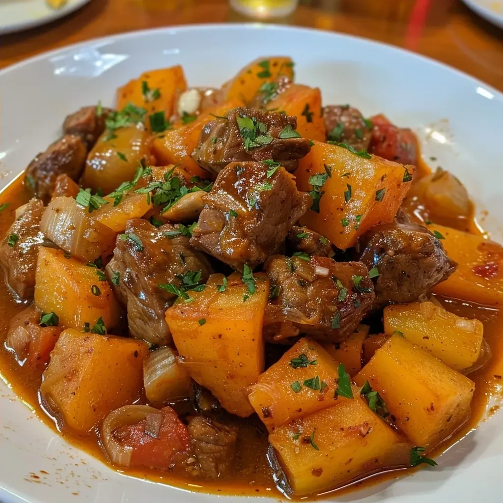 Maminha na cerveja preta servida com batatas e queijo em uma apresentação apetitosa.