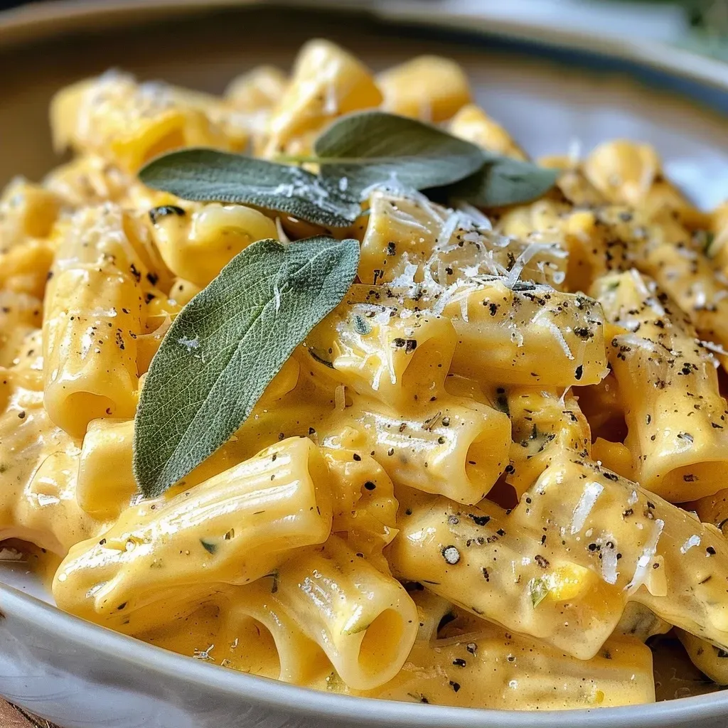 Porção suculenta de penne com molho de abóbora e queijo.