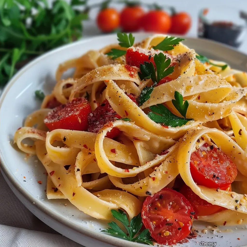 Close de fettuccine vegano com tomate seco e toques de verdes.
